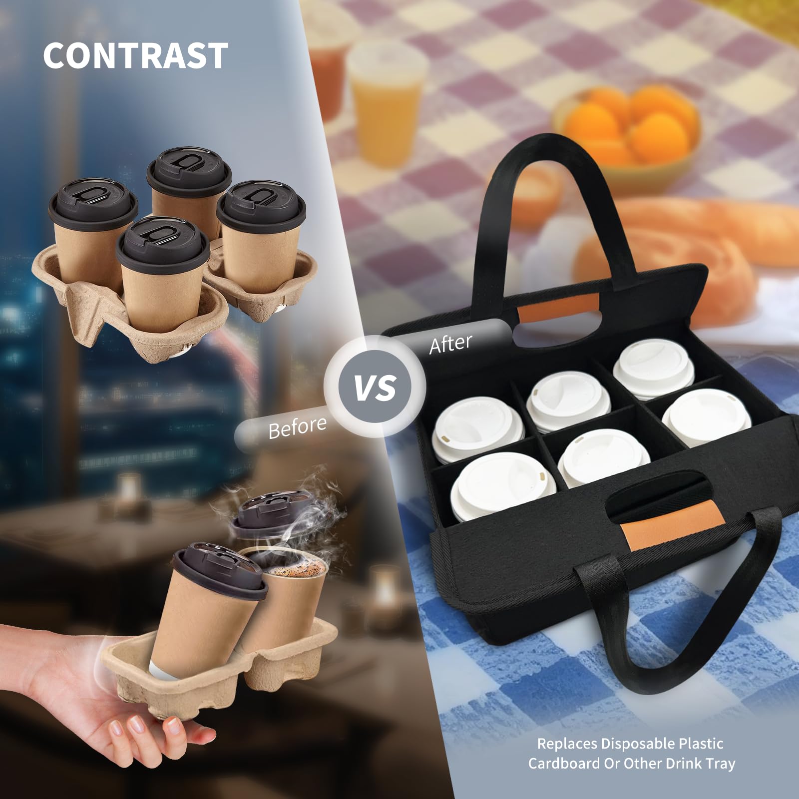 NENYX Reusable 4/6 Cup Drink Carrier with Handle and Adjustable Dividers, Insulated Caddy for Take Out, Foldable Coffee Cup Hold